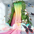 Colorful Garden Decor With Rainbow Curtain Green Plant Wall Flowers Butterflies And Cloud Decorations