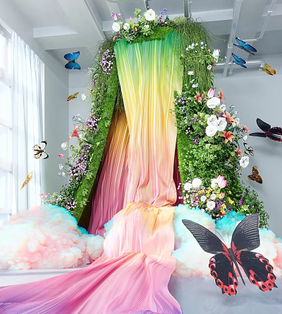Colorful Garden Decor With Rainbow Curtain Green Plant Wall Flowers Butterflies And Cloud Decorations 3d model