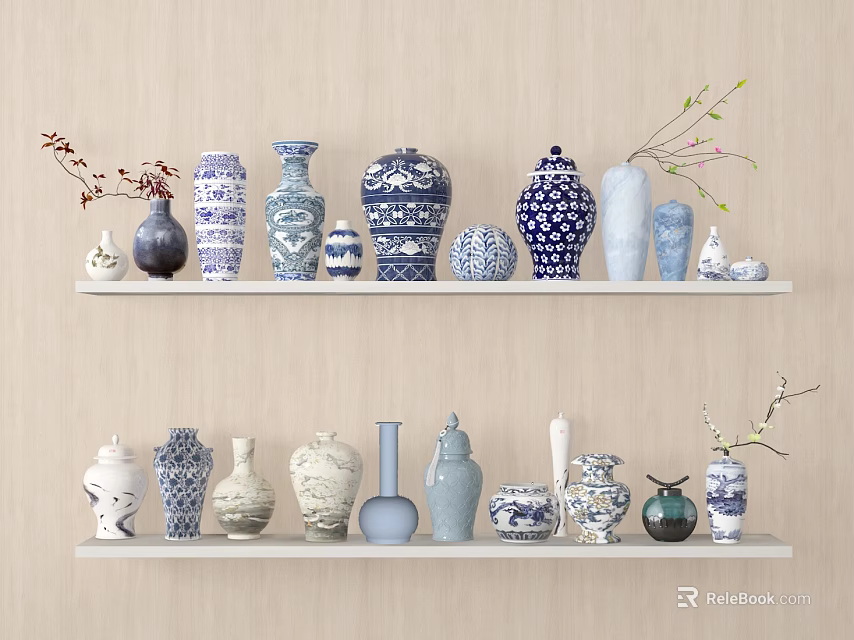 Decorative Ceramic Vessels with Blue and White Patterns Displayed on White Shelves for Home Decor 3d model 