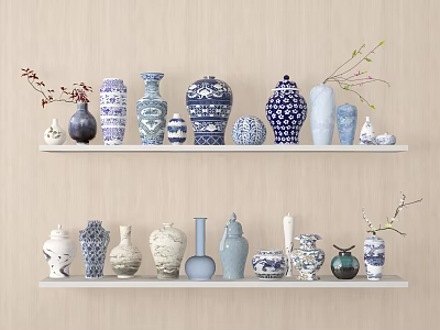 Decorative Ceramic Vessels with Blue and White Patterns Displayed on White Shelves for Home Decor 3d model