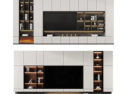 Modern TV Wall Design With Built in Cabinets Storage Shelves And Lighting 3d model