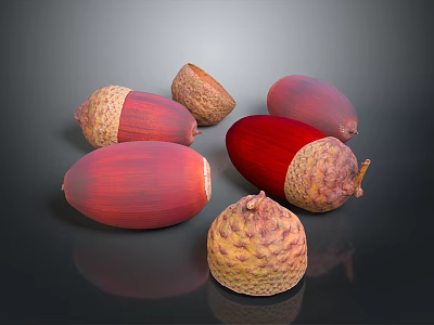 Red And Brown Acorns As Natural Food With Textured Surface On Black Background And Reflections 3d model
