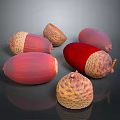 Red And Brown Acorns As Natural Food With Textured Surface On Black Background And Reflections