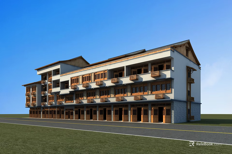 Multi Story Building With White Gray Exterior Wooden Balconies Sloped Roof And Green Lawn 3d model 