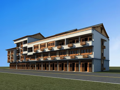 Multi Story Building With White Gray Exterior Wooden Balconies Sloped Roof And Green Lawn 3d model