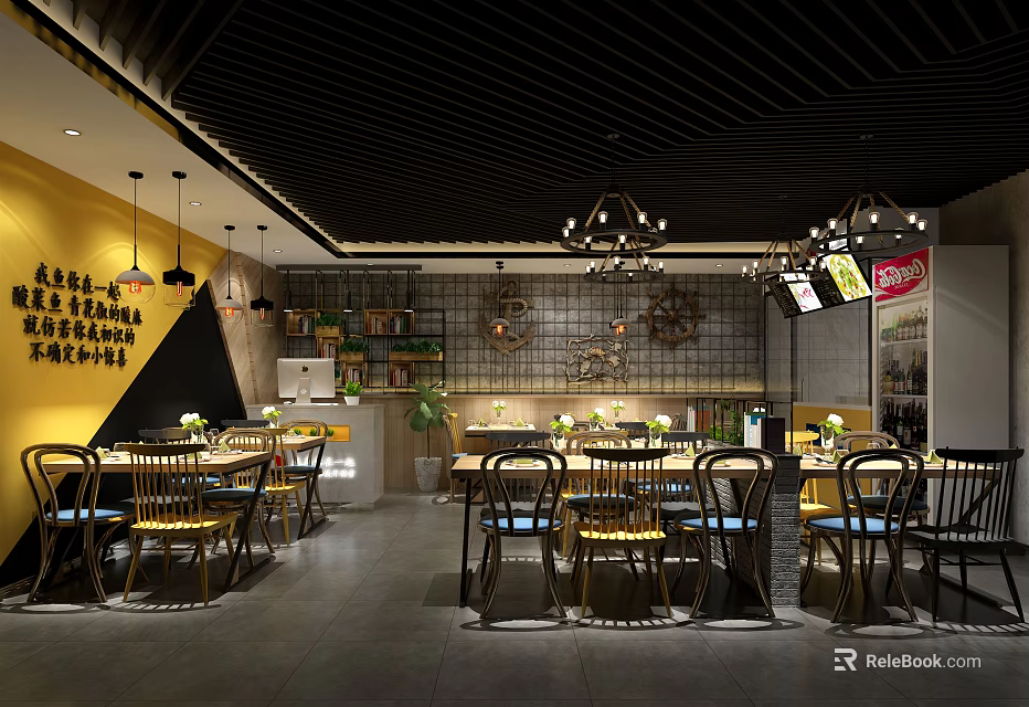 Modern Restaurant Interior With Yellow Wall Black Text Chandeliers Dining Furniture And Decorative Shelves 3d model 
