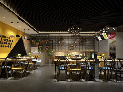 Modern Restaurant Interior With Yellow Wall Black Text Chandeliers Dining Furniture And Decorative Shelves 3d model