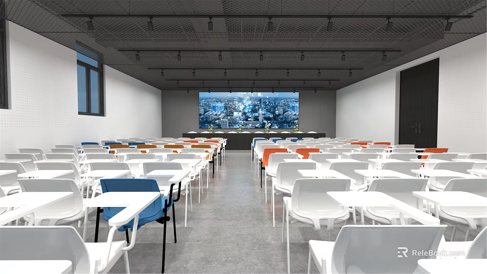 Conference Room With White Blue Orange Chairs Tables And Large Screen Displaying City View 3d model 