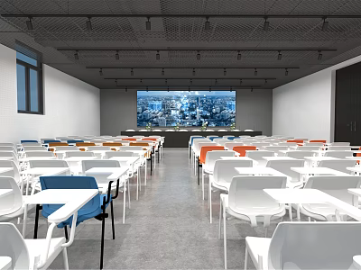 Conference Room With White Blue Orange Chairs Tables And Large Screen Displaying City View 3d model