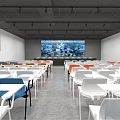 Conference Room With White Blue Orange Chairs Tables And Large Screen Displaying City View