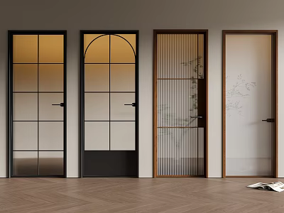 Various Hinged Doors with Modern Glass Panels Arch Design and Wooden Frames in Interior 3d model