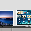 Two Modern Televisions Displaying Natural Landscape And Smart App Interface On Cabinet