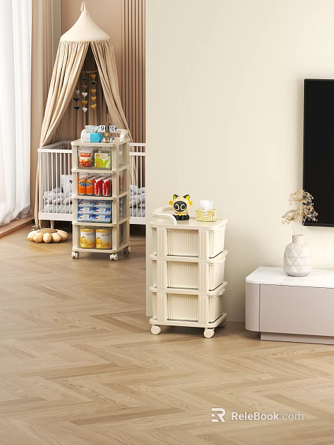 White Mobile Storage Shelf Unit With Baskets For Home Bedroom Organization 3d model 