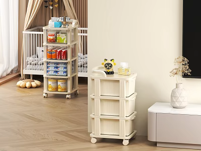 White Mobile Storage Shelf Unit With Baskets For Home Bedroom Organization 3d model