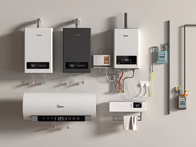 Wall Mounted Household Electrical Appliances Including Water Heaters Boilers Controllers and Piping 3d model