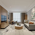 Modern Hotel Room Living Area With Sofa TV Coffee Table And Decorative Rug