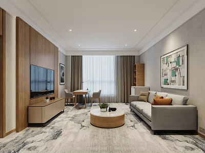 Modern Hotel Room Living Area With Sofa TV Coffee Table And Decorative Rug 3d model