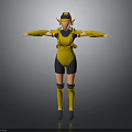 3D Female Character Model With Yellow Outfit Black Accents Elf Ears Hat And Long Boots