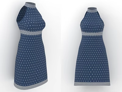 Navy Blue Halter Neck Dress With White Polka Dot Pattern And Waist Hem Trim 3d model