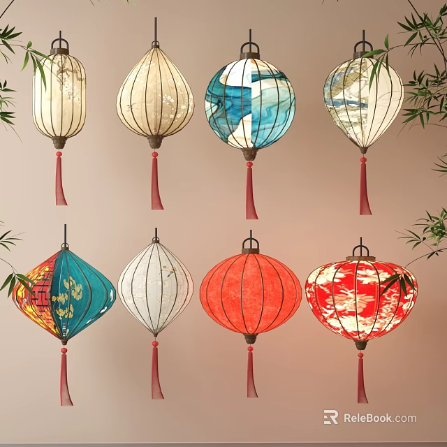 Colorful Traditional Chinese Lanterns With Various Patterns Red Tassels And Bamboo Leaf Decor 3d model 