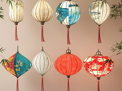 Colorful Traditional Chinese Lanterns With Various Patterns Red Tassels And Bamboo Leaf Decor 3d model
