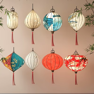 Colorful Traditional Chinese Lanterns With Various Patterns Red Tassels And Bamboo Leaf Decor 3d model