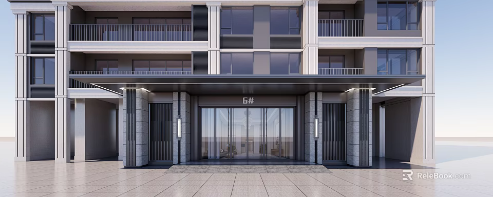 Modern Building Facade Entrance With Glass Doors Stone Walls E1# Signage Balconies And Large Windows 3d model 