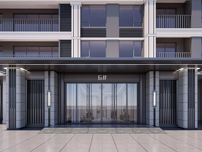 Modern Building Facade Entrance With Glass Doors Stone Walls E1# Signage Balconies And Large Windows 3d model