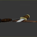 Tactical Weapon Knives Crossed On Leather Sheath With Sharp Blades And Wooden Grips