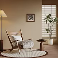 Warm Beige Living Corner With Wooden Armchair White Cushion Floor Lamp And Green Plant