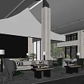 Modern Sales Office Interior Design With Spacious Layout Sofas Green Plants And Large Windows 3d model