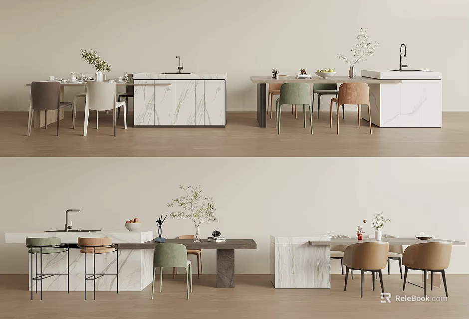 Modern Dining Table Set With Marble Countertop Colorful Chairs And Potted Plants 3d model 