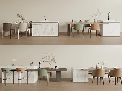 Modern Dining Table Set With Marble Countertop Colorful Chairs And Potted Plants 3d model