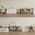 Modern Dining Table Set With Marble Countertop Colorful Chairs And Potted Plants