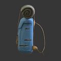 Blue Backpack With Beige Straps Rolled Green Item Round Emblem And Small Brown Pocket
