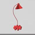 Red Table Lamp With Flower Shaped Base Curved Stem And Conical Shade 3d model
