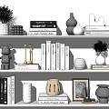Gray and White Decorative Ornament Set with Shelf Books Vases Bear Figurine and Gold Accents