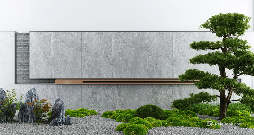Courtyard Garden Featuring Gray Stone Wall Green Bushes Gravel Ground And Pine Tree Stone Statue 3d model 
