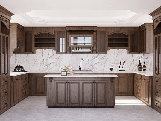 American style kitchen classical kitchen solid wood cabinet island bar modeling decorative line 3d model