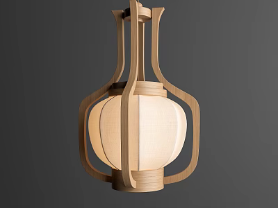 Japanese Style Wooden Frame Chandelier With White Fabric Shade For Interior Lighting 3d model