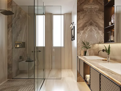 Modern Luxury Bathroom Interior Design With Marble Decor Glass Shower And Double Sink Vanity 3d model