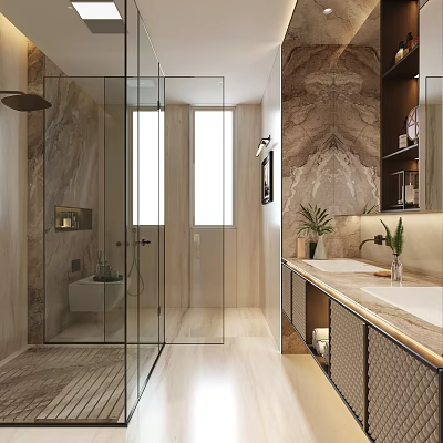 Modern Luxury Bathroom Interior Design With Marble Decor Glass Shower And Double Sink Vanity 3d model