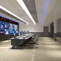 Professional TV Station Control Room Interior With Multiple Monitoring Screens And Control Desks