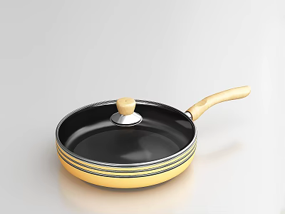 Stylish Black And Yellow Striped Frying Pan With Wooden Handle And Lid 3d model