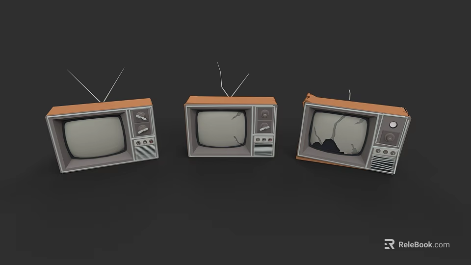 Three Vintage Televisions With Antennas Including One Cracked Screen On Dark 3d model 