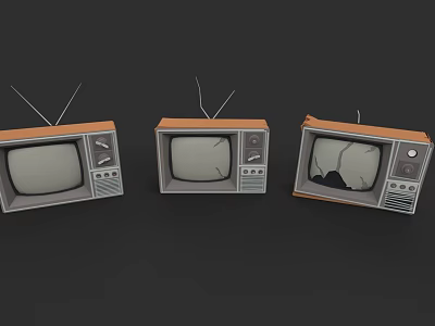 Three Vintage Televisions With Antennas Including One Cracked Screen On Dark 3d model