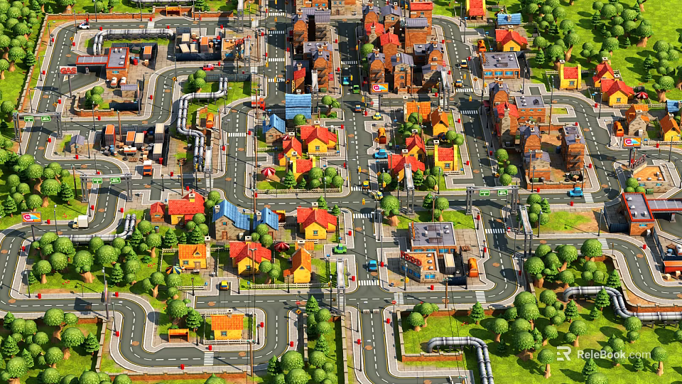 Cartoon City Layout With Colorful Houses Roads Trees And Cars Aerial View 3d model 