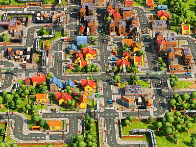 Cartoon City Layout With Colorful Houses Roads Trees And Cars Aerial View 3d model