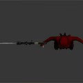 Woman in red hood white mask gray top with sniper rifle and red studded boots