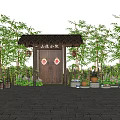 Chinese Pastoral Style Scenic Wall With Thatched Roof Wooden Door Bamboo And Green Plants